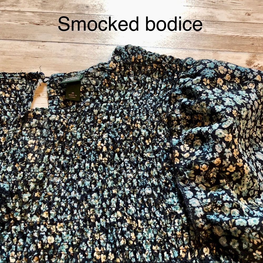 “Wild Fable”, blue floral, smocked bodice, tiered babydoll dress, size M - Picture 14 of 16